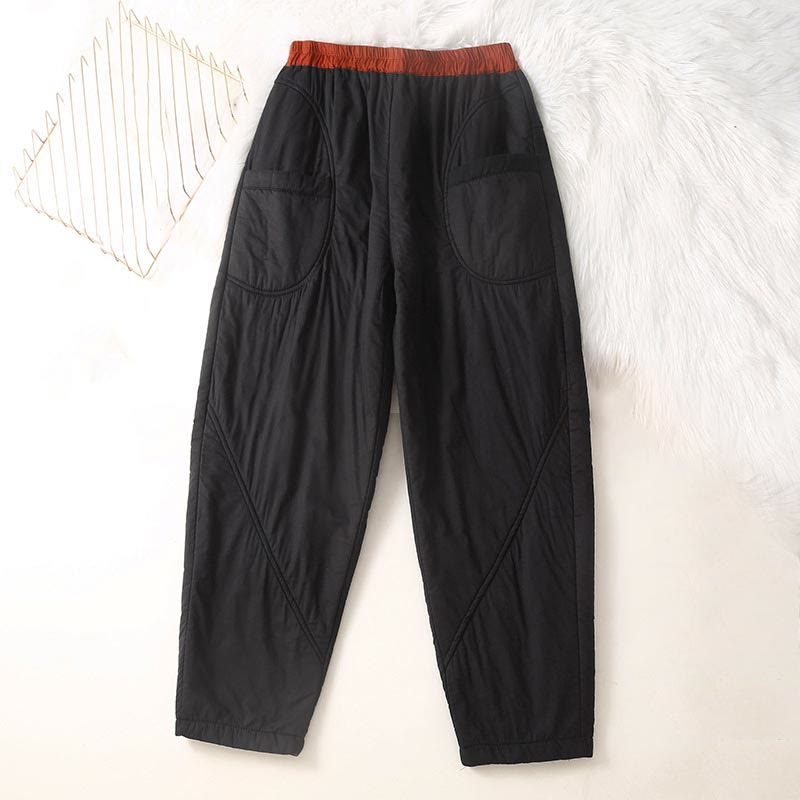 Women's Winter Plain Elastic Waist Design Thickened Harem Pants With Pockets
