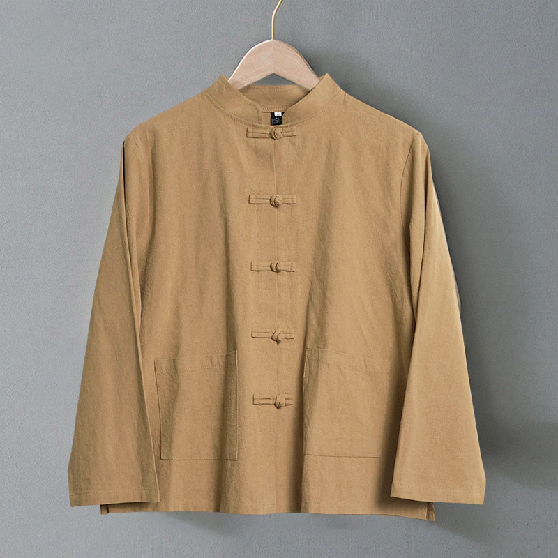Ethnic Frog-Button Long Sleeve Stand Collar Women's Cotton Shirt With Pockets