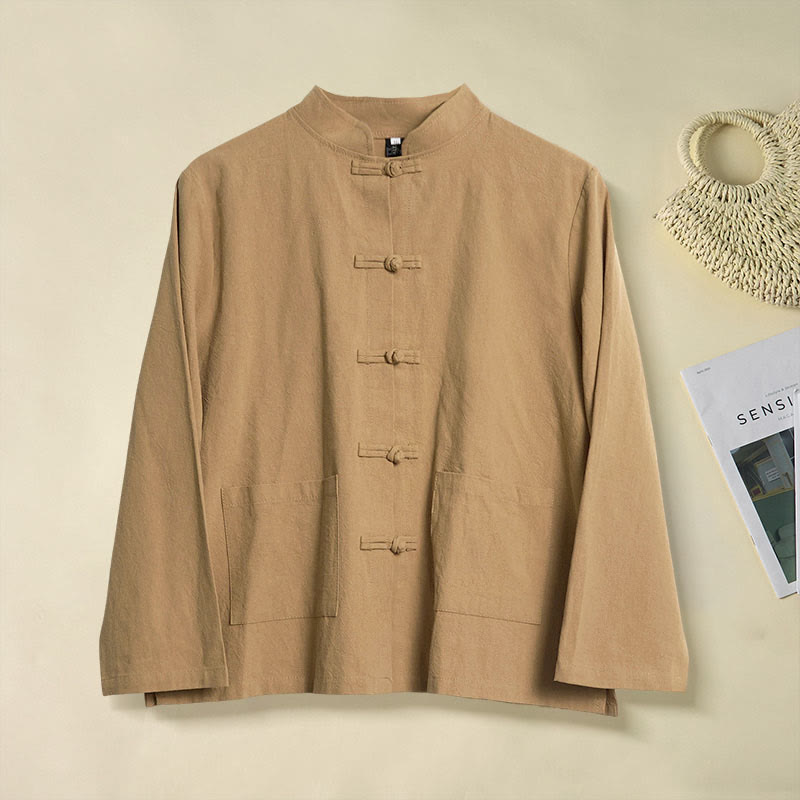 Ethnic Frog-Button Long Sleeve Stand Collar Women's Cotton Shirt With Pockets