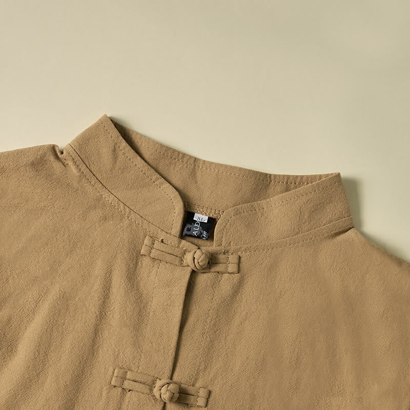 Ethnic Frog-Button Long Sleeve Stand Collar Women's Cotton Shirt With Pockets
