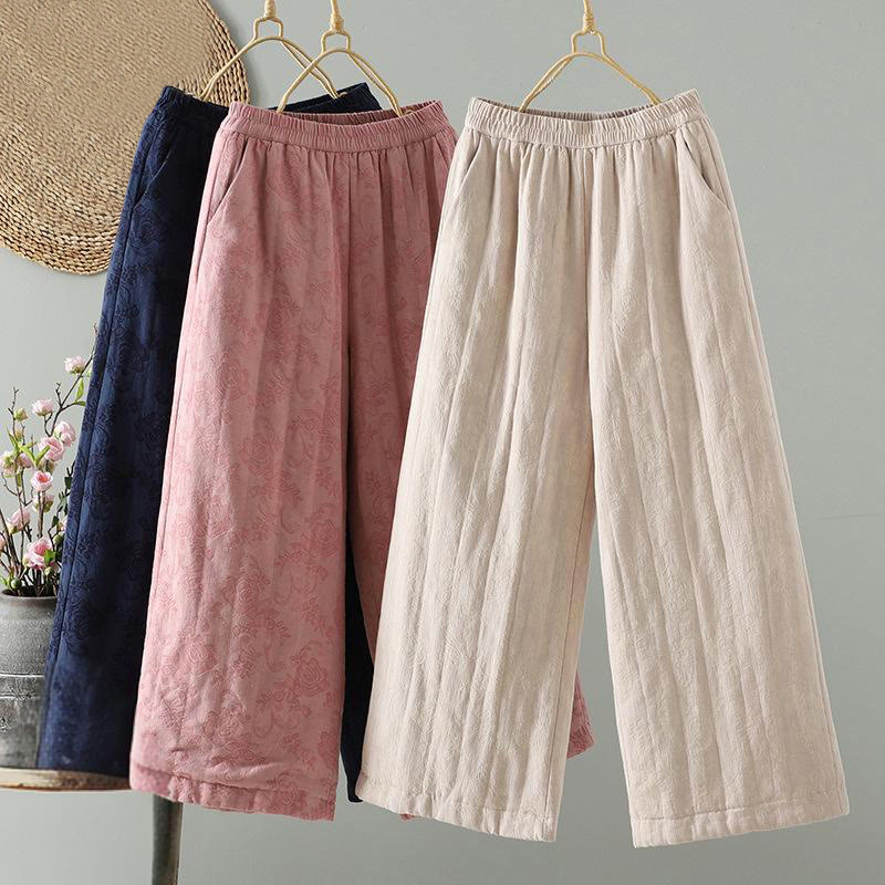 Jacquard Cotton-padded Women's Wide Leg Thermal Ankle-Length Pants With Pockets