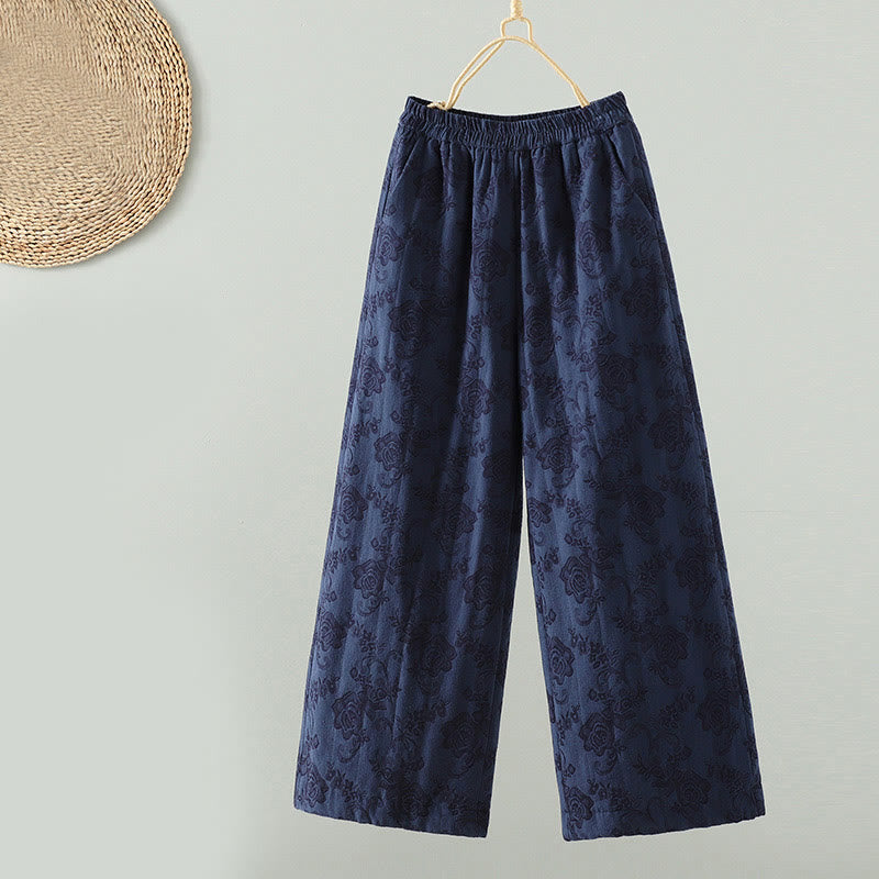 Jacquard Cotton-padded Women's Wide Leg Thermal Ankle-Length Pants With Pockets