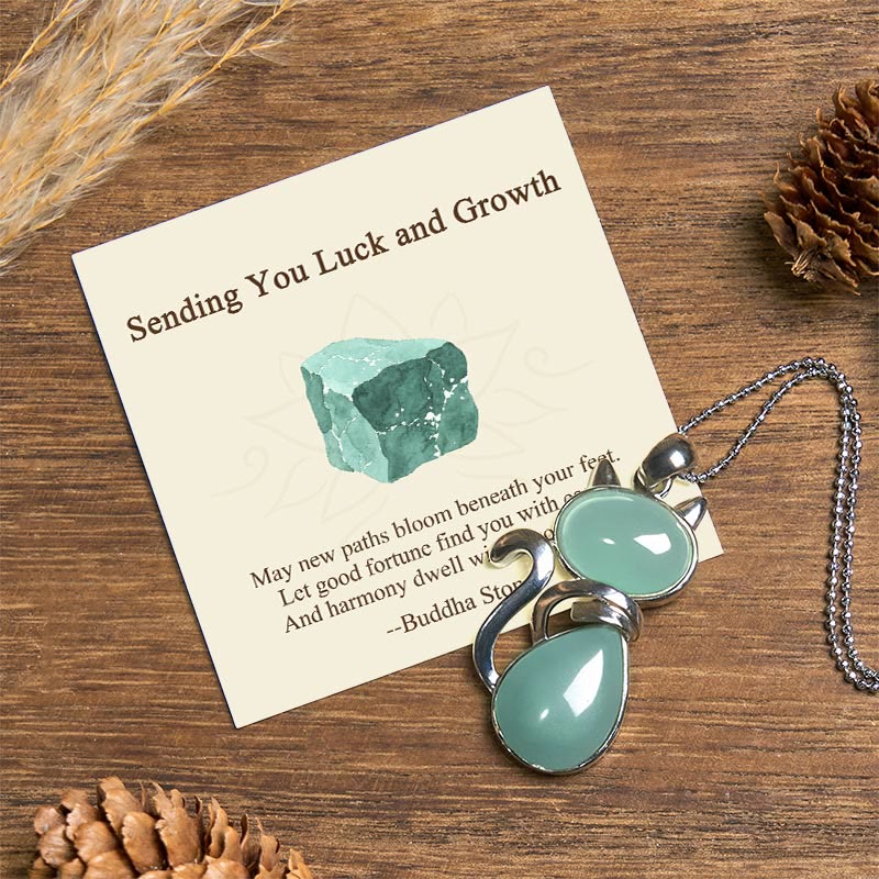 "Sending You Luck and Growth" Cat Green Aventurine Necklace Includes Gift Message Card