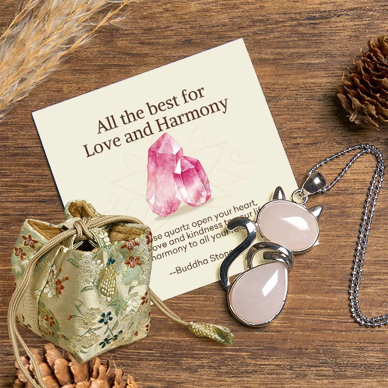 "Wishing You Love and Kindness" Cat Rose Quartz Necklace Includes Gift Message Card