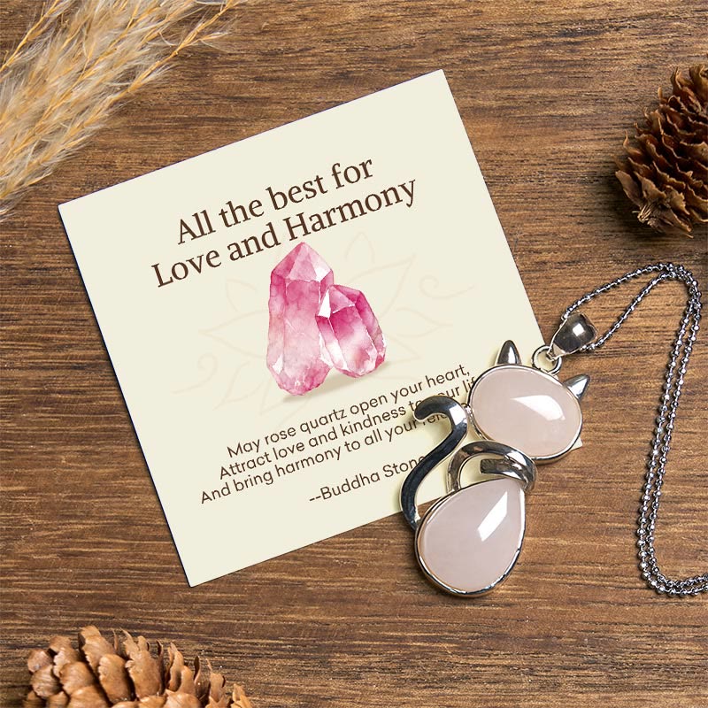 "Wishing You Love and Kindness" Cat Rose Quartz Necklace Includes Gift Message Card