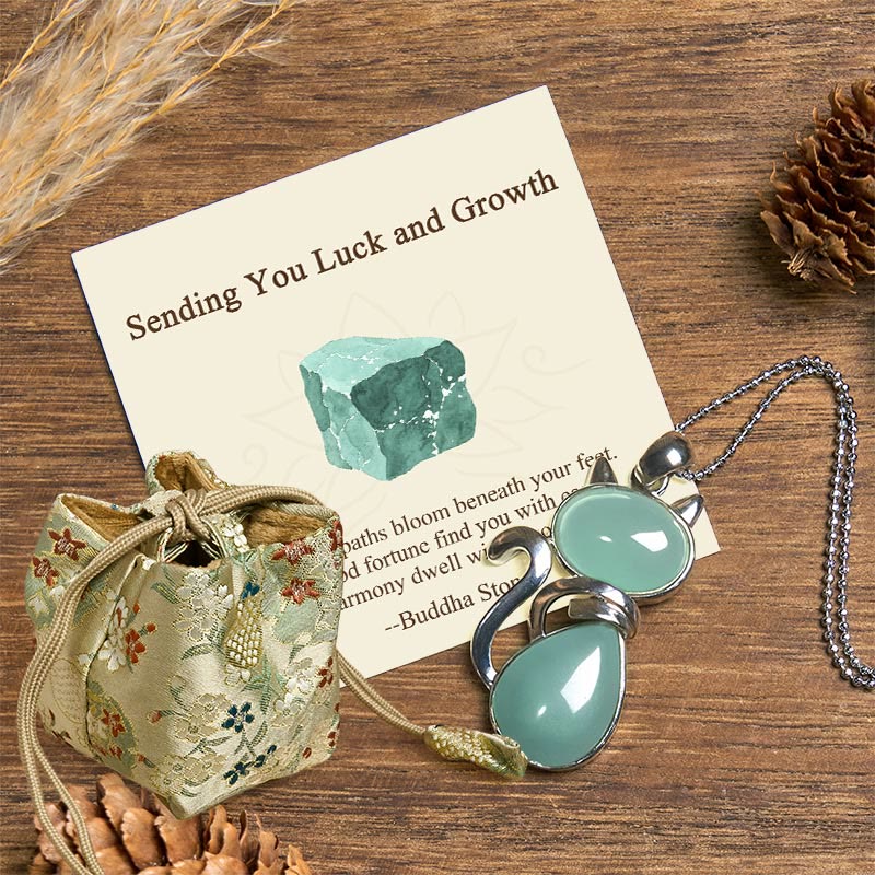 "Sending You Luck and Growth" Cat Green Aventurine Necklace Includes Gift Message Card