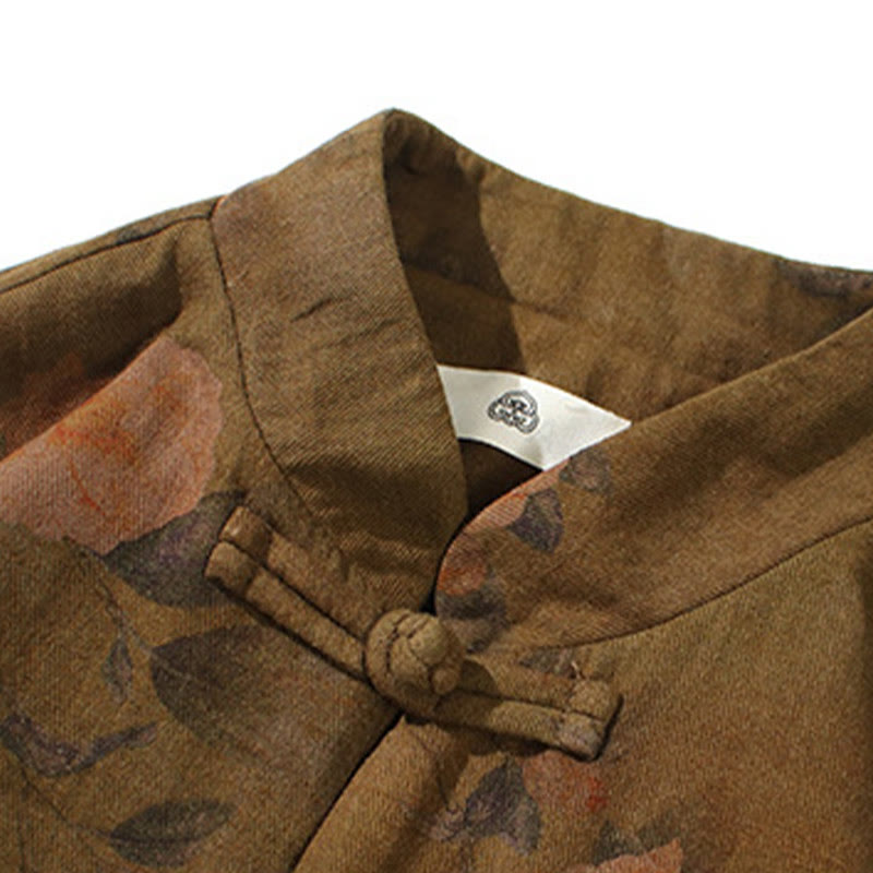 Breathable Cotton Floral Print Stand Collar Meditation Jacket