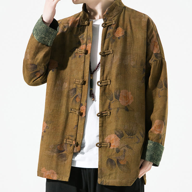 Breathable Cotton Floral Print Stand Collar Meditation Jacket