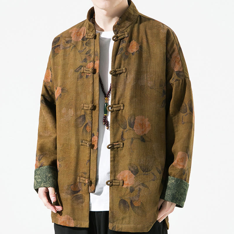 Breathable Cotton Floral Print Stand Collar Meditation Jacket