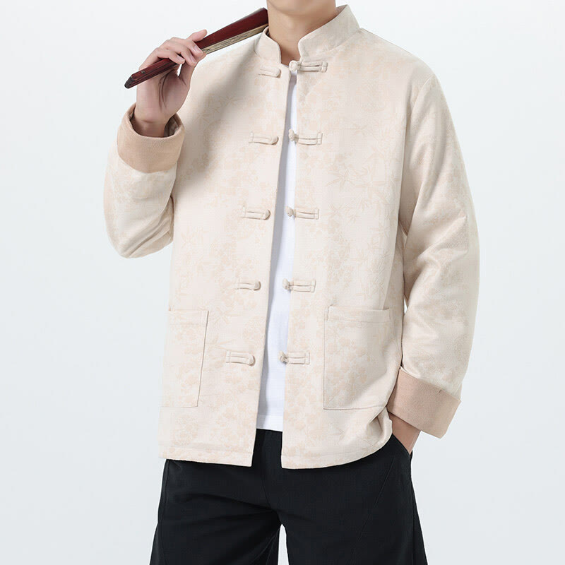 Jacquard Cotton Stand Collar Frog-Button Slim Fit Meditation Jacket