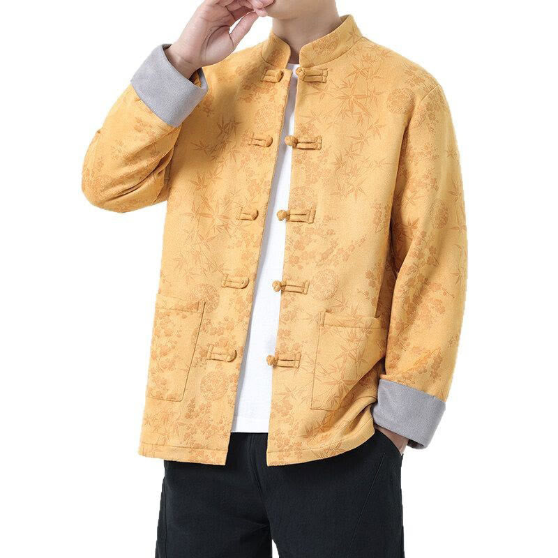 Jacquard Cotton Stand Collar Frog-Button Slim Fit Meditation Jacket