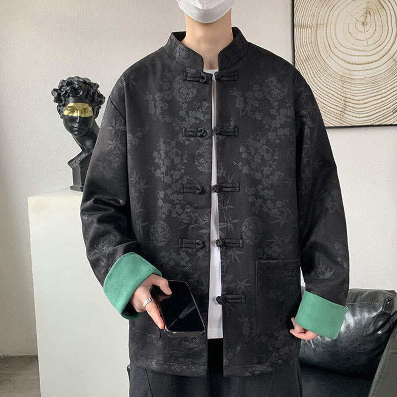 Jacquard Cotton Stand Collar Frog-Button Slim Fit Meditation Jacket
