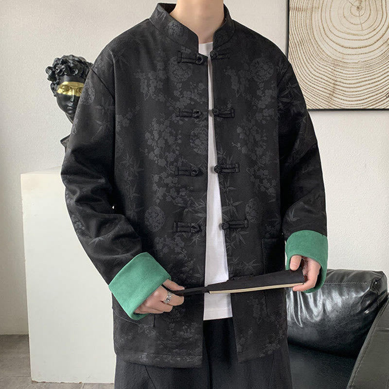 Jacquard Cotton Stand Collar Frog-Button Slim Fit Meditation Jacket