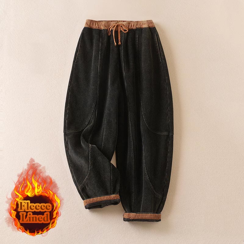 Color Contrast Corduroy Cotton Women's Thermal Fleece-Lined Harem Pants With Pockets