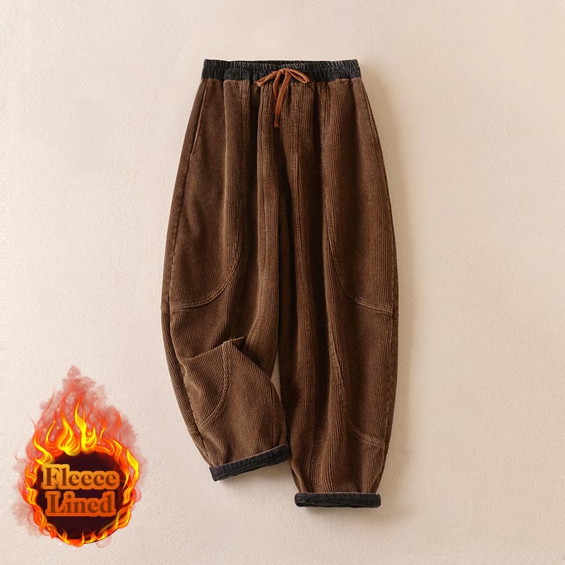Color Contrast Corduroy Cotton Women's Thermal Fleece-Lined Harem Pants With Pockets