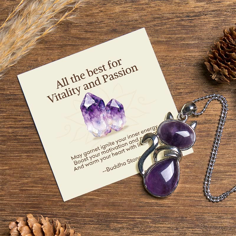"All the best for Calm and Wisdom" Cat Amethyst Necklace Includes Gift Message Card