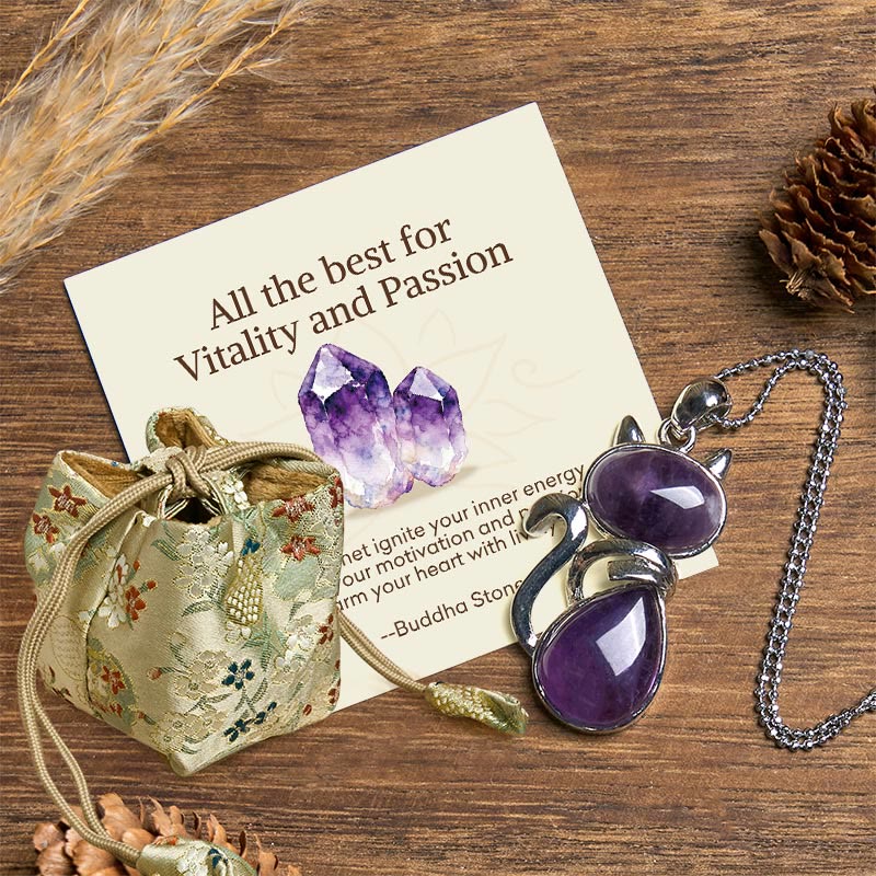 "All the best for Calm and Wisdom" Cat Amethyst Necklace Includes Gift Message Card