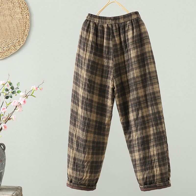 Thermal Cotton-Padded Plaid Harem Meditation Pants