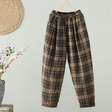 Thermal Cotton-Padded Plaid Harem Meditation Pants