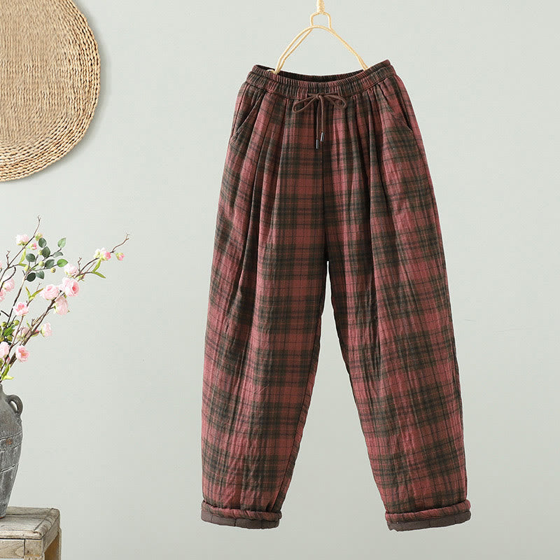 Thermal Cotton-Padded Plaid Harem Meditation Pants