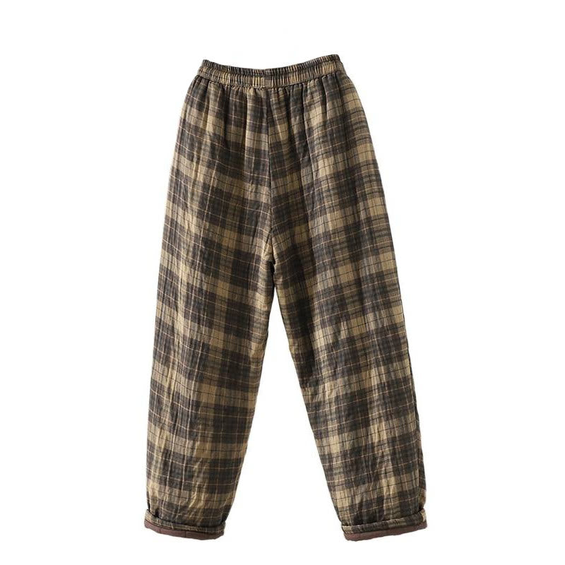 Thermal Cotton-Padded Plaid Harem Meditation Pants