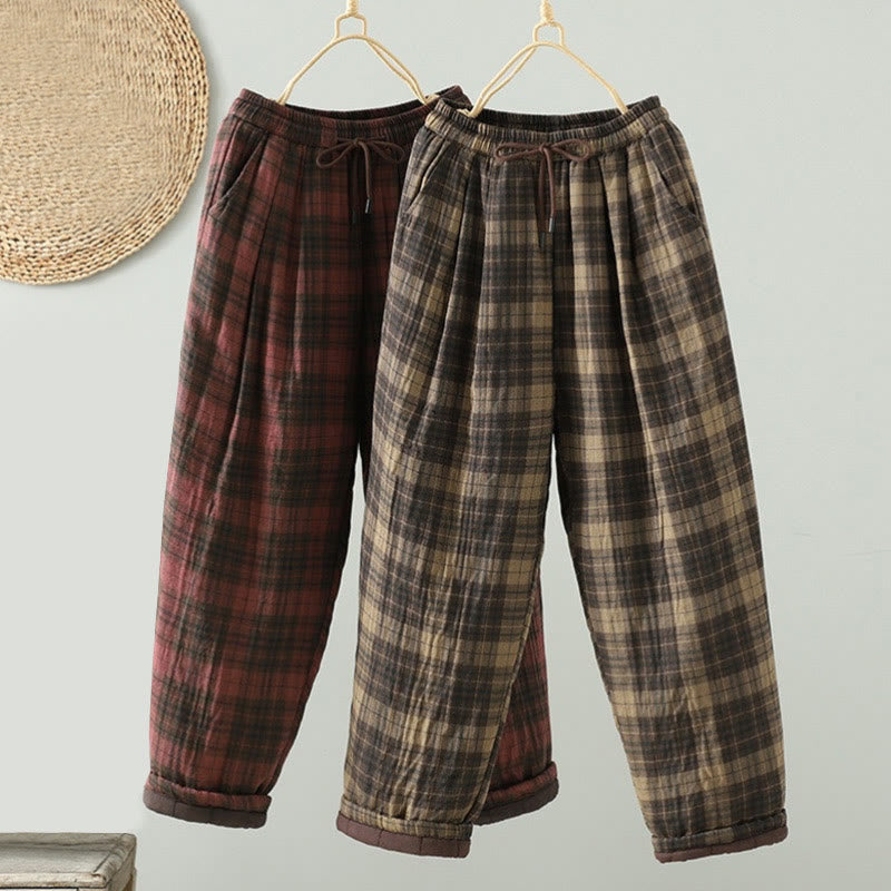 Thermal Cotton-Padded Plaid Harem Meditation Pants