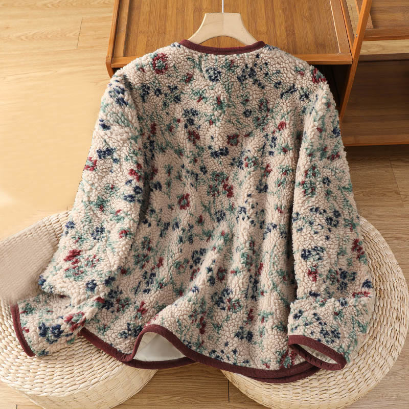 Women's Cotton Flower Pattern Buttons Design Long Sleeve Thermal Jacket With Pockets