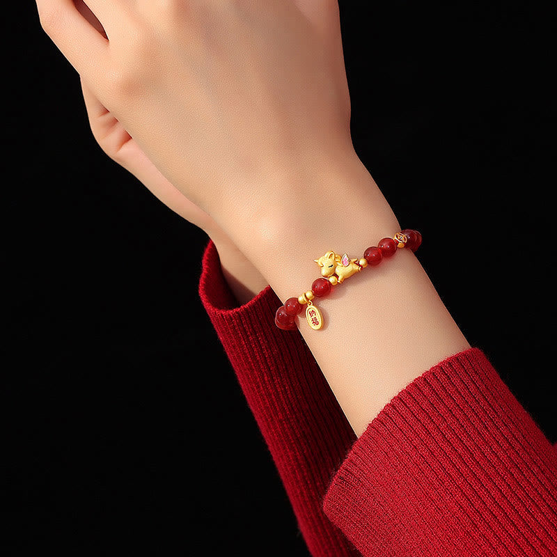 925 Sterling Silver Year Of The Horse Red Agate Lucky Fortune Confidence Bracelet