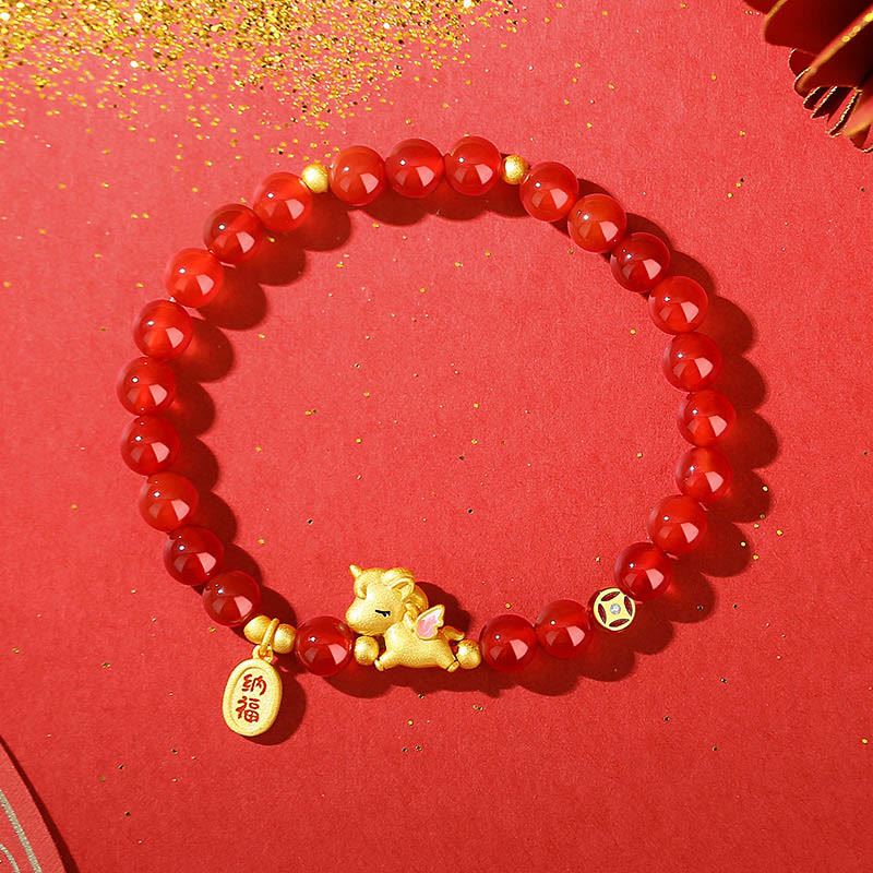 925 Sterling Silver Year Of The Horse Red Agate Lucky Fortune Confidence Bracelet