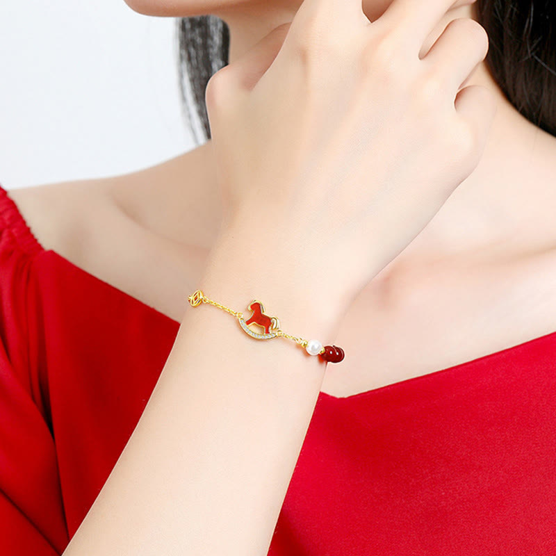 925 Sterling Silver Year of the Horse Charm Bracelet & Jewelry Set with Pearl and Red Agate