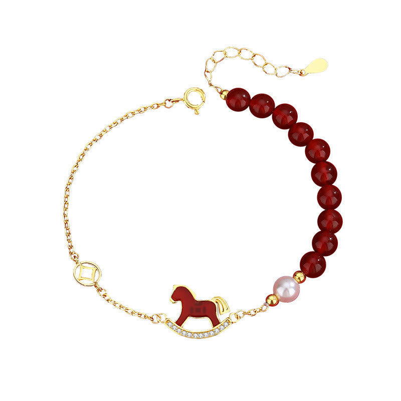 925 Sterling Silver Year of the Horse Charm Bracelet & Jewelry Set with Pearl and Red Agate