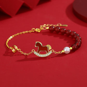 925 Sterling Silver Year of the Horse Charm Bracelet & Jewelry Set with Pearl and Red Agate