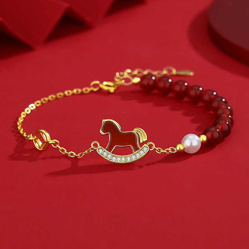 925 Sterling Silver Year of the Horse Charm Bracelet & Jewelry Set with Pearl and Red Agate