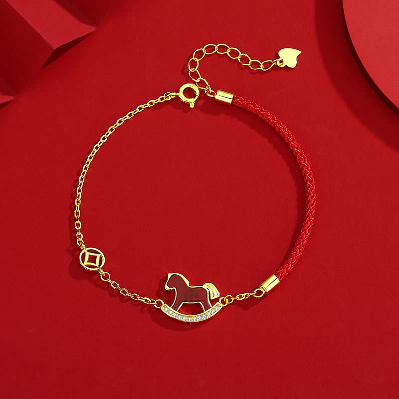 925 Sterling Silver Year of the Horse Charm Bracelet & Jewelry Set with Pearl and Red Agate