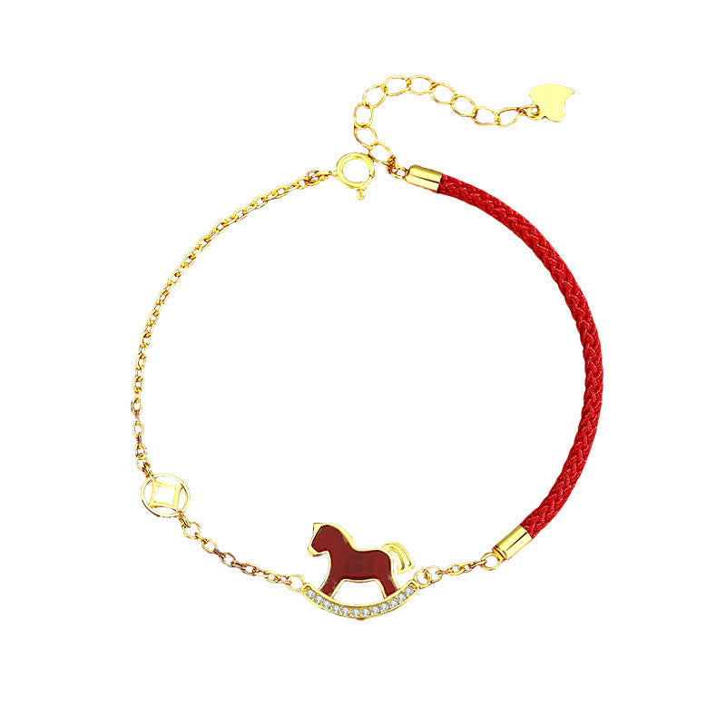 925 Sterling Silver Year of the Horse Charm Bracelet & Jewelry Set with Pearl and Red Agate