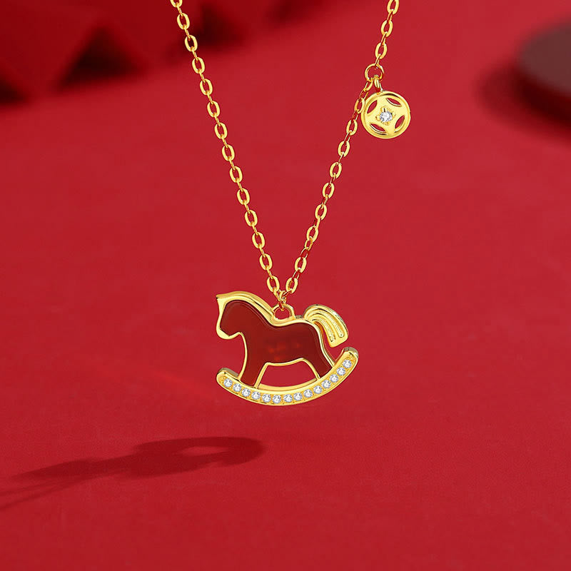 925 Sterling Silver Year of the Horse Charm Bracelet & Jewelry Set with Pearl and Red Agate