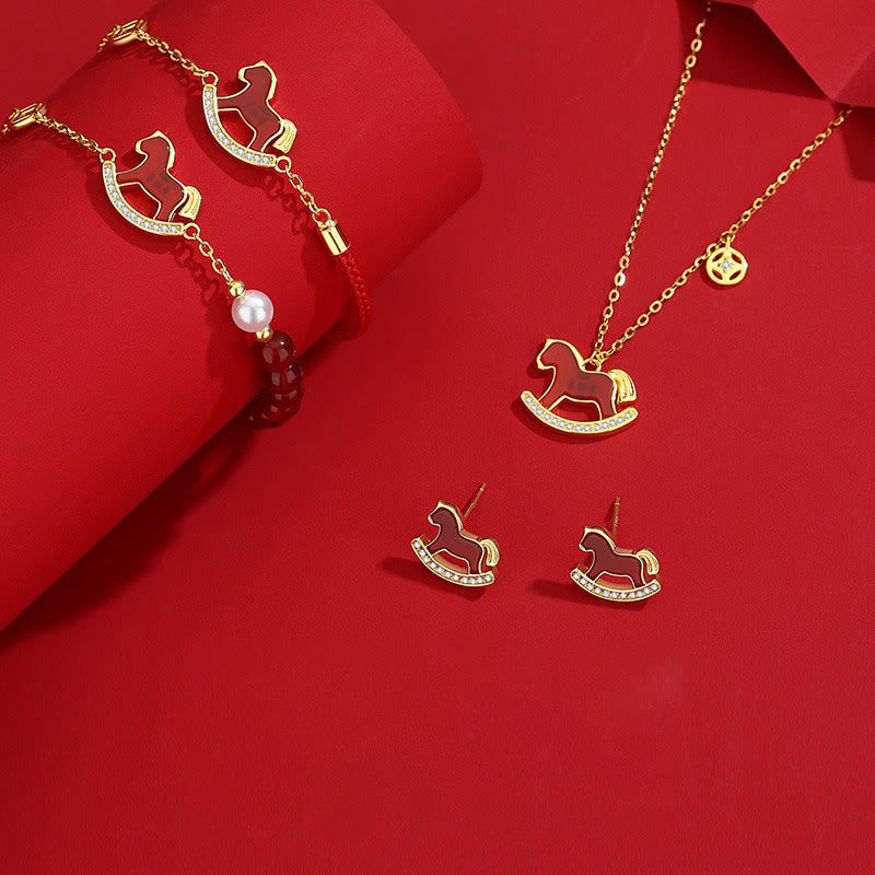 925 Sterling Silver Year of the Horse Charm Bracelet & Jewelry Set with Pearl and Red Agate