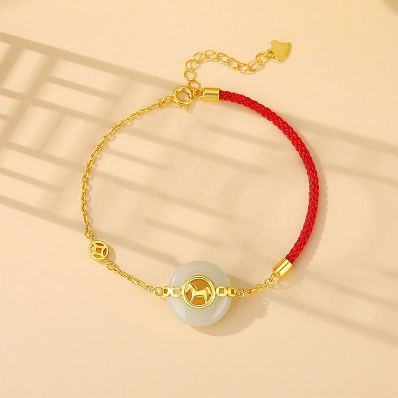 925 Sterling Silver Hetian Jade Horse Ping An Kou Red String Bracelet & Necklace