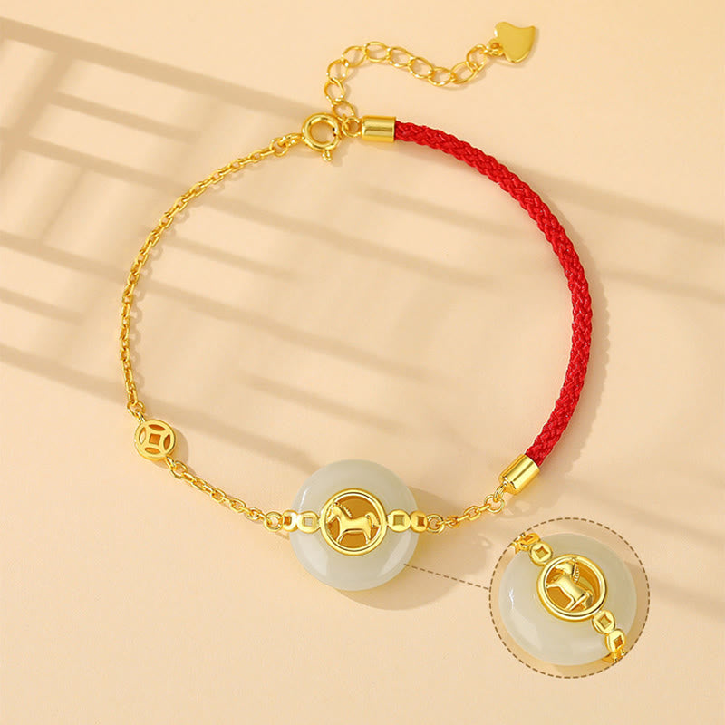 925 Sterling Silver Hetian Jade Horse Ping An Kou Red String Bracelet & Necklace