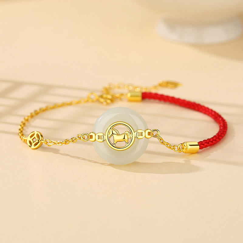 925 Sterling Silver Hetian Jade Horse Ping An Kou Red String Bracelet & Necklace