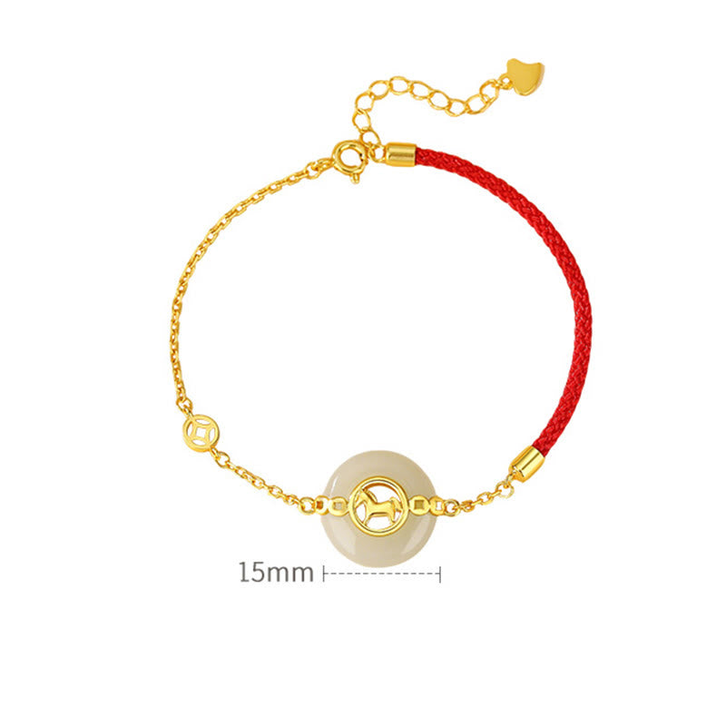 925 Sterling Silver Hetian Jade Horse Ping An Kou Red String Bracelet & Necklace