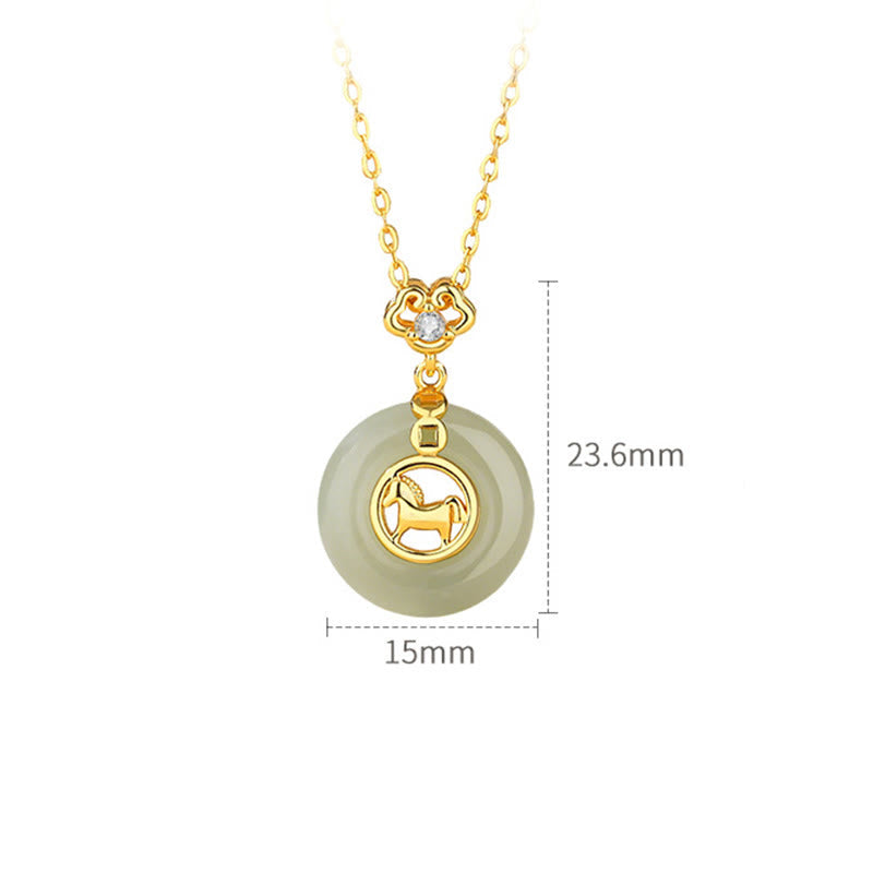 925 Sterling Silver Hetian Jade Year Of The Horse Peace Buckle Luck Necklace Pendant