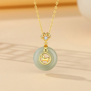 925 Sterling Silver Hetian Jade Year Of The Horse Peace Buckle Luck Necklace Pendant