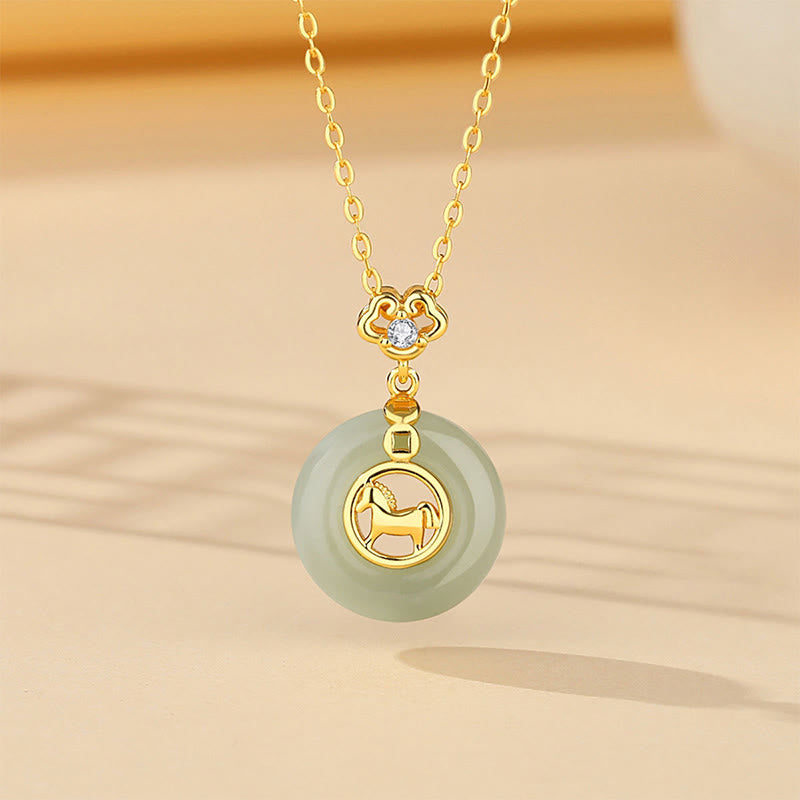 925 Sterling Silver Hetian Jade Year Of The Horse Peace Buckle Luck Necklace Pendant