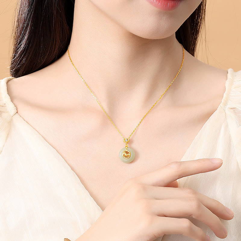 925 Sterling Silver Hetian Jade Horse Ping An Kou Red String Bracelet & Necklace