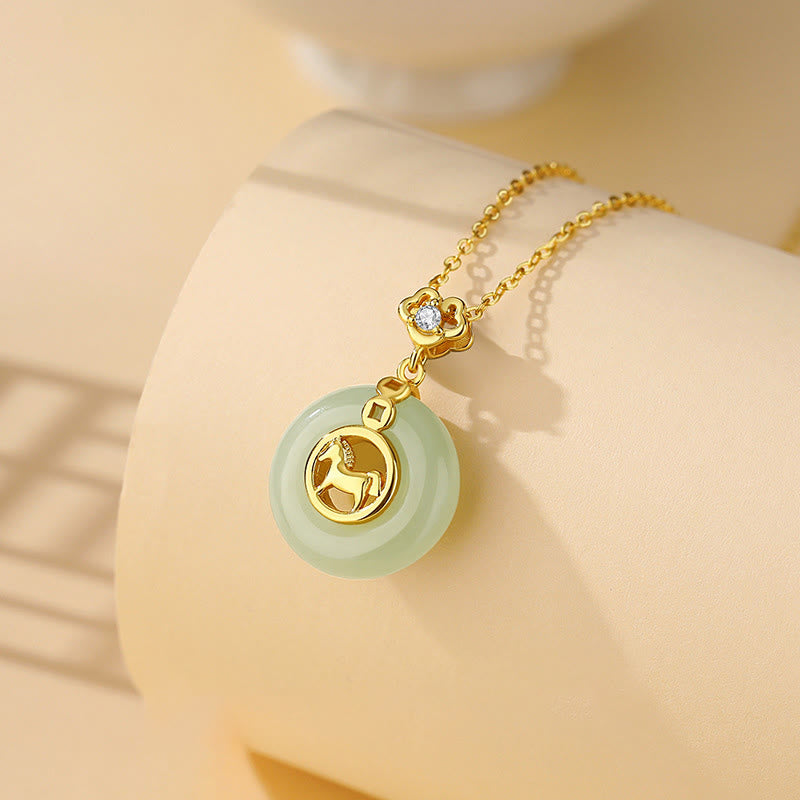 925 Sterling Silver Hetian Jade Year Of The Horse Peace Buckle Luck Necklace Pendant
