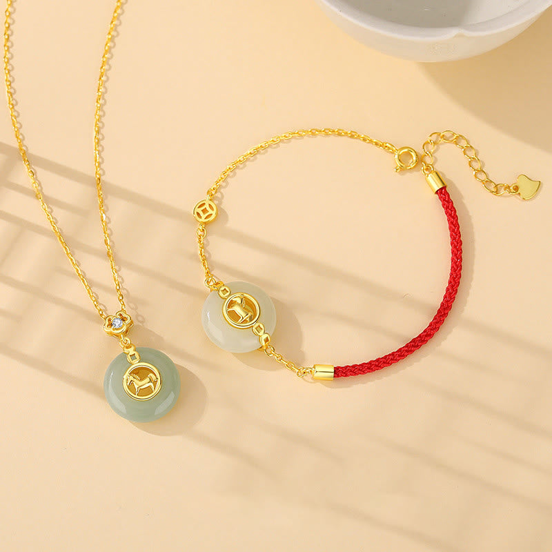 925 Sterling Silver Hetian Jade Horse Ping An Kou Red String Bracelet & Necklace