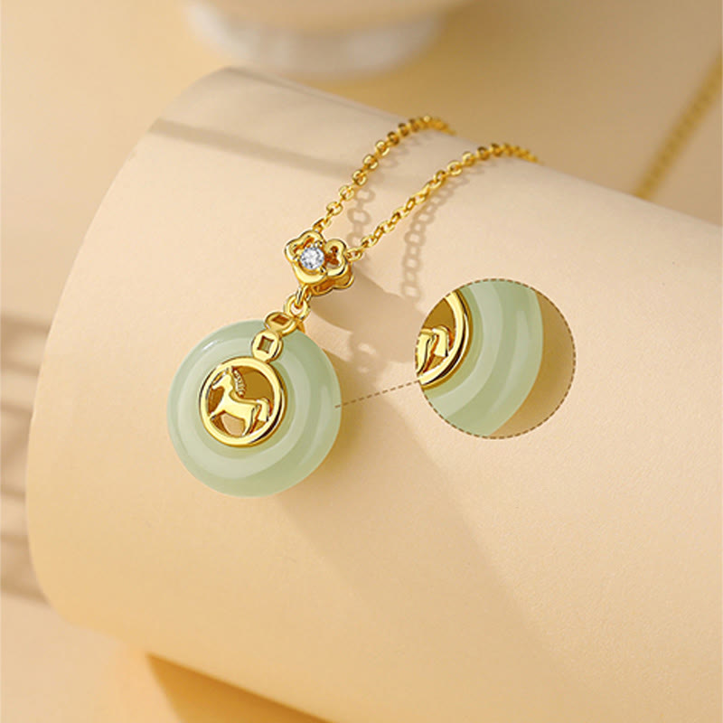 925 Sterling Silver Hetian Jade Year Of The Horse Peace Buckle Luck Necklace Pendant