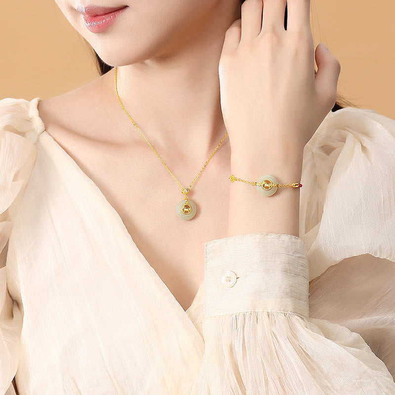925 Sterling Silver Hetian Jade Horse Ping An Kou Red String Bracelet & Necklace