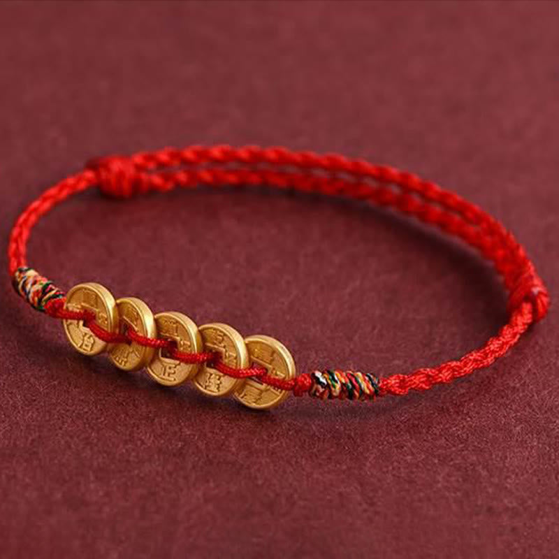 Handcrafted Braided Red String Bracelet Anklet with Five Copper Chinese Coins